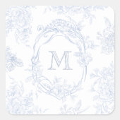 Monogram Initiaal Bloemen Blauw Toile Bruid Vierkante Sticker (Voorkant)