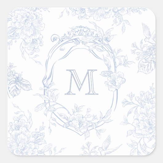 Monogram Initiaal Bloemen Blauw Toile Bruid Vierkante Sticker (Voorkant)