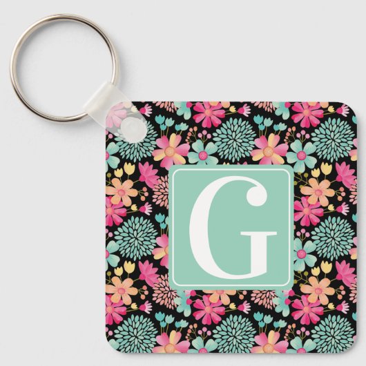 Monogram Initiaal Bloemschilderij Sleutel Label ID Sleutelhanger (Voorkant)