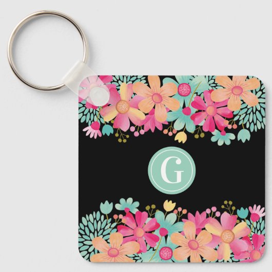 Monogram Initiaal Bloemschilderij Sleutel Label ID Sleutelhanger (Voorkant)