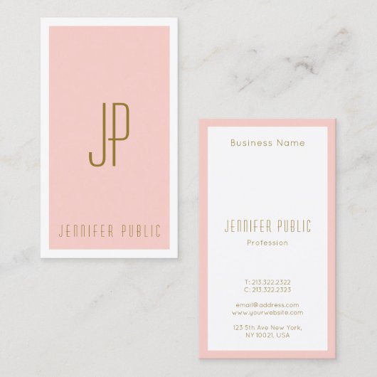 Monogram Initiaal Blush Pink Gold Vertical Modern Visitekaartje (Voorkant / Achterkant)