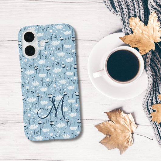 Monogram Initiaal Boho Blauw Witte Bloemen Trendy Case-Mate iPhone Case