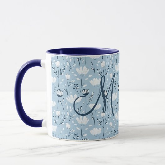 Monogram Initiaal Boho Blauw Witte Bloemen Trendy Mok (Links)