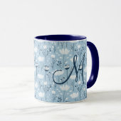 Monogram Initiaal Boho Blauw Witte Bloemen Trendy Mok (Voorkant rechts)