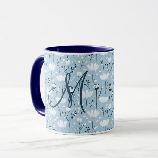 Monogram Initiaal Boho Blauw Witte Bloemen Trendy Mok (Voorkant links)