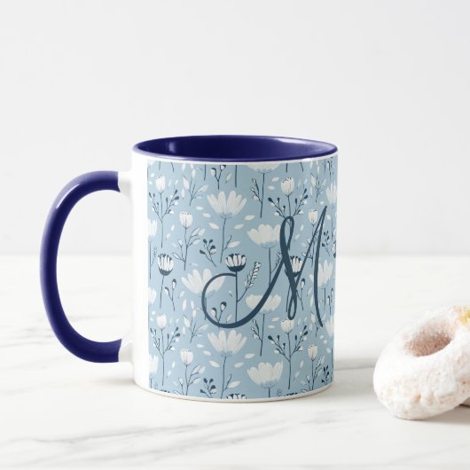 Monogram Initiaal Boho Blauw Witte Bloemen Trendy Mok (Met donut)