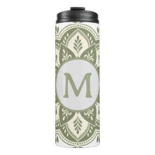 Monogram Initiaal Boho Mandala Salie Groen Thermosbeker