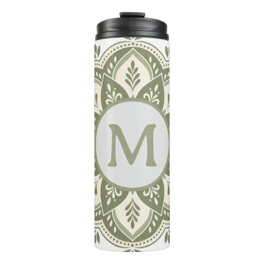Monogram Initiaal Boho Mandala Salie Groen Thermosbeker (Voorkant)