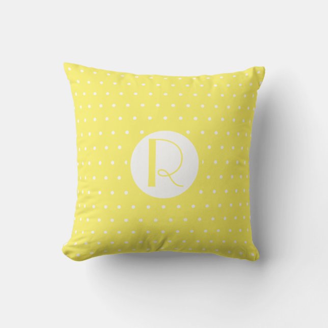 Monogram Initiaal Bright Gele Witte Polka Dots Buitenkussen (Voorkant)