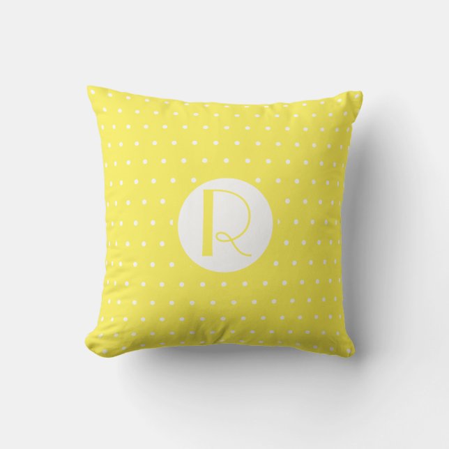 Monogram Initiaal Bright Gele Witte Polka Dots Kussen (Voorkant)