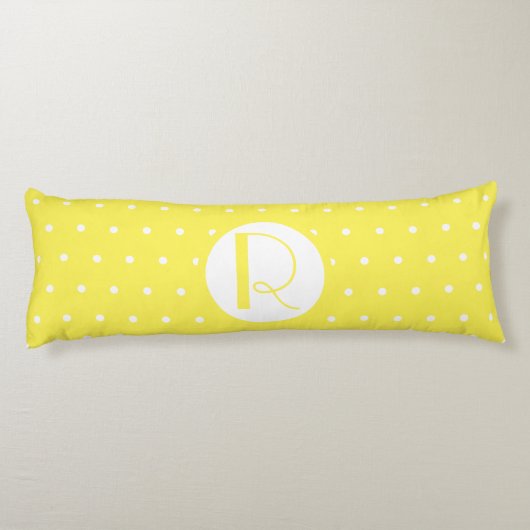 Monogram Initiaal Bright Gele Witte Polka Dots Lichaamskussen (Achterkant)