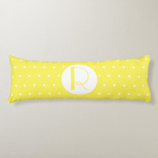 Monogram Initiaal Bright Gele Witte Polka Dots Lichaamskussen (Voorkant)
