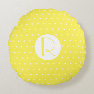 Monogram Initiaal Bright Gele Witte Polka Dots Rond Kussen