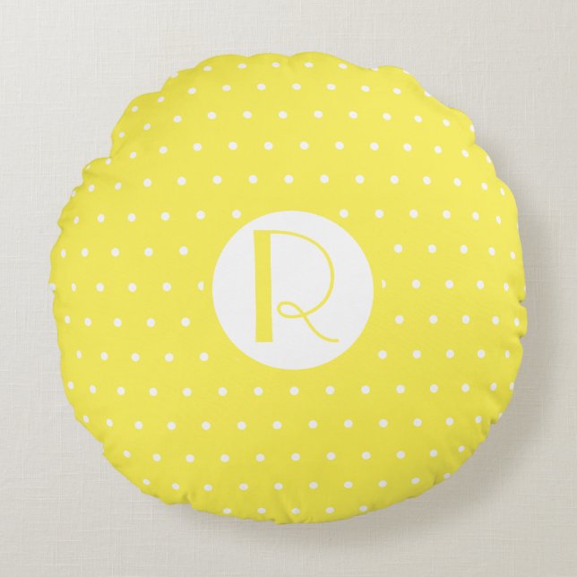 Monogram Initiaal Bright Gele Witte Polka Dots Rond Kussen (Voorkant)