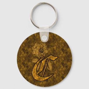 Monogram Initiaal C Gouden Pioen Roos Sleutelhanger