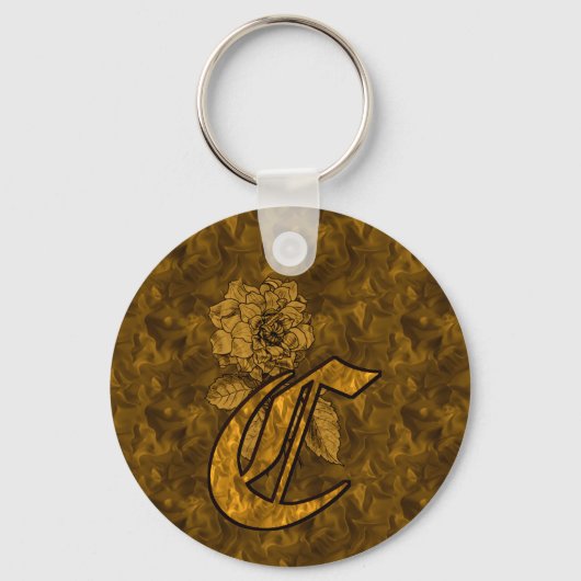 Monogram Initiaal C Gouden Pioen Roos Sleutelhanger (Voorkant)