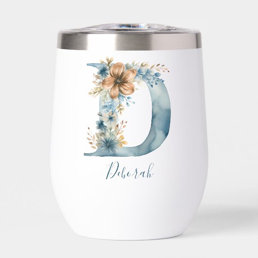 Monogram Initiaal D Blauw Bloemrijk Aquarel Cadeau (Voorkant)