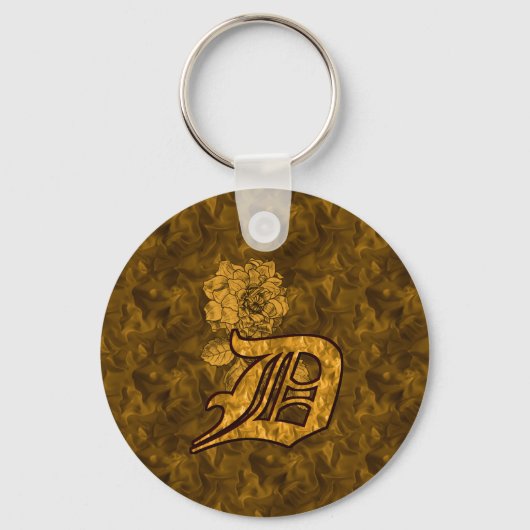 Monogram Initiaal D Elegante Gouden Pioen Bloem Sleutelhanger (Voorkant)