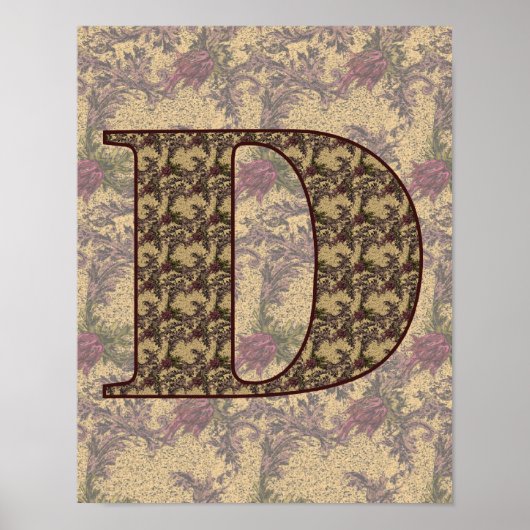 Monogram Initiaal D Elegante Vintage Bloemen Poster (Voorkant)