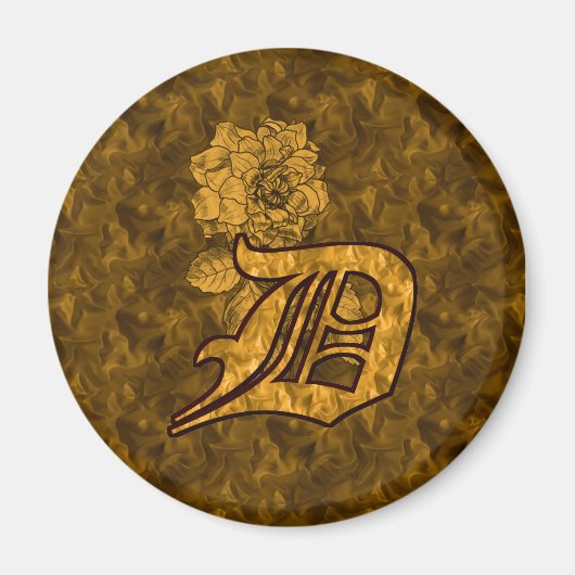 Monogram Initiaal D Gouden Pioen Bloem Magneet (Voorkant)