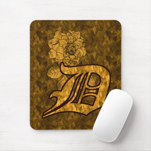 Monogram Initiaal D Gouden Pioen Bloem Muismat (Met muis)