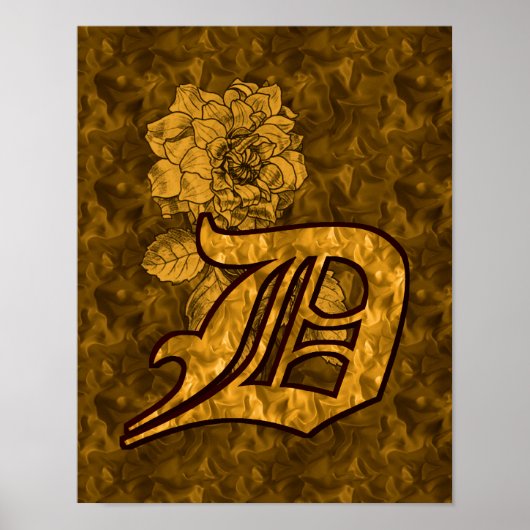 Monogram Initiaal D Gouden Pioen Bloem Poster (Voorkant)