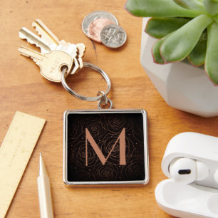 Monogram Initiaal Donkere Bloem Roos Goud Oranje Sleutelhanger
