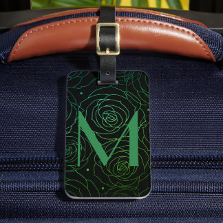 Monogram Initiaal Donkere Bloem Roos Groen Blauw Bagagelabel