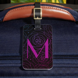 Monogram Initiaal Donkere Bloem Roos Magenta Paars Bagagelabel
