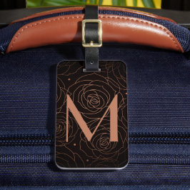Monogram Initiaal Donkere Bloemmotief Goudzalmkleu Bagagelabel