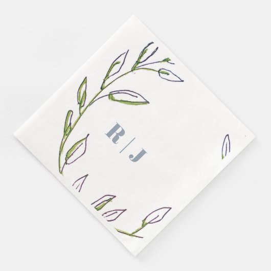 Monogram Initiaal Dusty Blue Green Leaf Art Weddin Servet (Hoek)