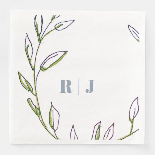 Monogram Initiaal Dusty Blue Green Leaf Art Weddin Servet (Voorkant)