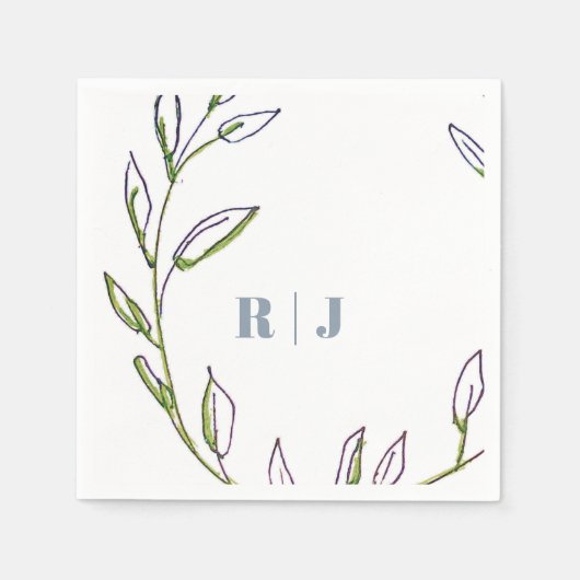 Monogram Initiaal Dusty Blue Green Leaf Art Weddin Servet (Voorkant)
