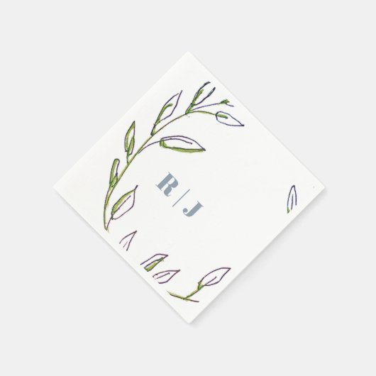 Monogram Initiaal Dusty Blue Green Leaf Art Weddin Servet (Hoek)