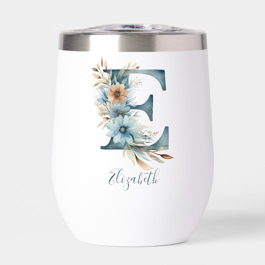 Monogram Initiaal E Blauwe Bloemen Waterverf Gift  (Voorkant)
