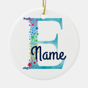 Monogram Initiaal E Rainbow Star-ontwerp Keramisch Ornament