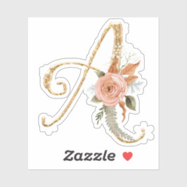 Monogram Initiaal Een Gouden Glitter Pioen Roos Bl Sticker