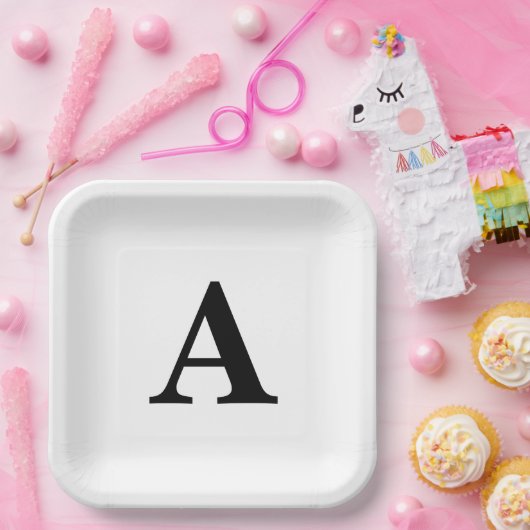 Monogram Initiaal Elegant Aangepaste naam Zwart wi Papieren Bordje (Feest)