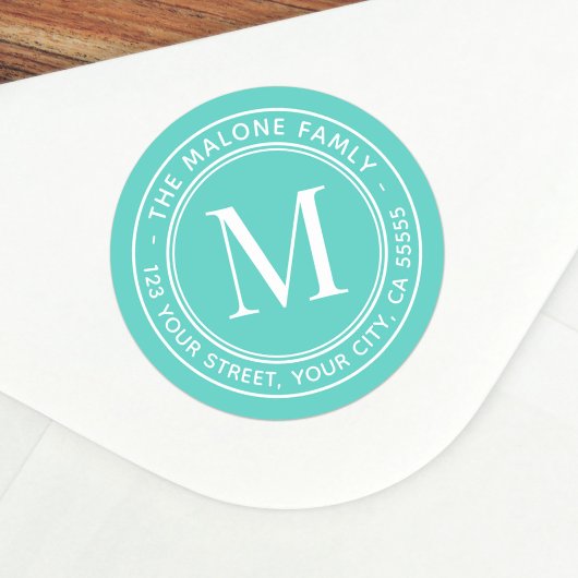 Monogram initiaal elegant aqua blauw terugkeeradre ronde sticker