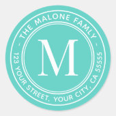 Monogram initiaal elegant aqua blauw terugkeeradre ronde sticker (Voorkant)