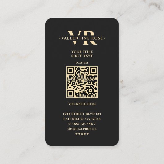 Monogram Initiaal Elegant Bloemen Roos Zwart Visitekaartje (Achterkant)