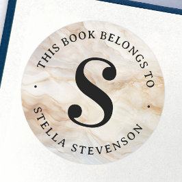 Monogram initiaal elegant marmeren bibliotheekboek ronde sticker