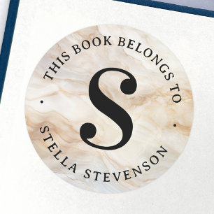 Monogram initiaal elegant marmeren bibliotheekboek ronde sticker