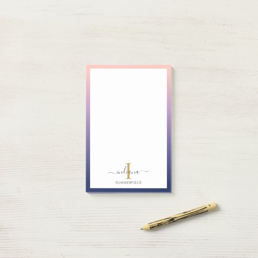 Monogram Initiaal Elegant Script Paars Ombre Post-it® Notes (Op bureau)