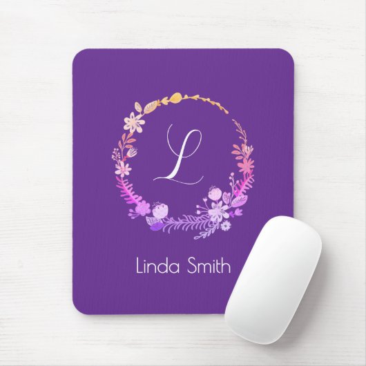 Monogram Initiaal Elegante Aangepaste Naam Paarse  Muismat (Met muis)
