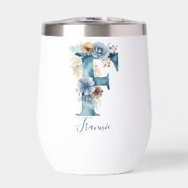 Monogram Initiaal F Blauw Bloemrijk Aquarel Cadeau