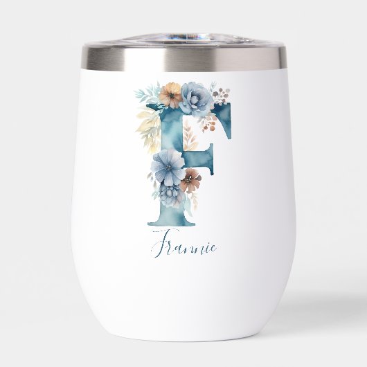 Monogram Initiaal F Blauw Bloemrijk Aquarel Cadeau (Voorkant)
