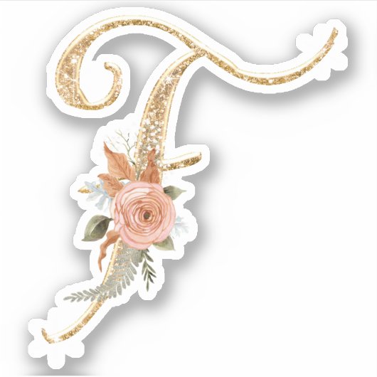 Monogram Initiaal F Goud Glitter Pioen Roos Bloeme Sticker (Voorkant)