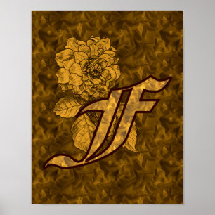 Monogram Initiaal F Gouden Pioen Bloem Poster