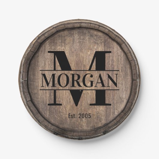 Monogram Initiaal Familienaam Faux Wooden Papieren Bordje (Voorkant)